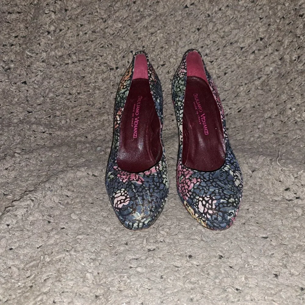 GIULIANO VENANZI Italy-Crackled Nubuck Colorful Florals-Platform-Sz 8-Excellent - Picture 3 of 8